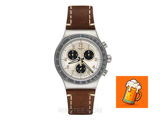 Swatch Rhum Brown Leather Silver Dial Chronograph For Men